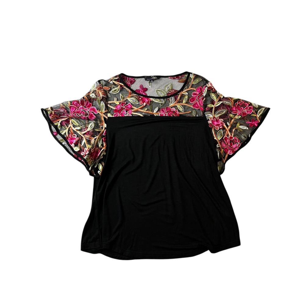 Suzanne Betro Womens‎ Black Floral Embroidered Mesh Flutter Sleeve Top Size M - Picture 2 of 9